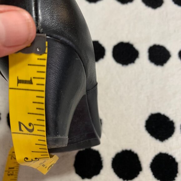 Vintage 80s Black Leather Retro Boots Black 7 Mid Calf Mid Low Kitten Cone Heel - Picture 13 of 16